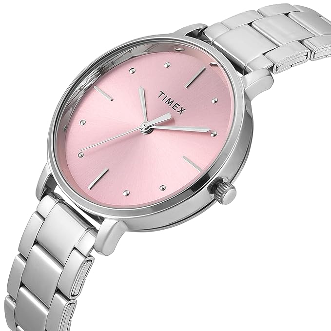 Timex TWEL15824 Round Pink Dial Analog Watch for Women – Silver Stainless Steel Strap, 34 mm Case