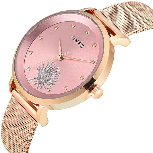 Timex TWEL12924 Women’s Pink Dial Analog Watch with Stainless-Steel Strap