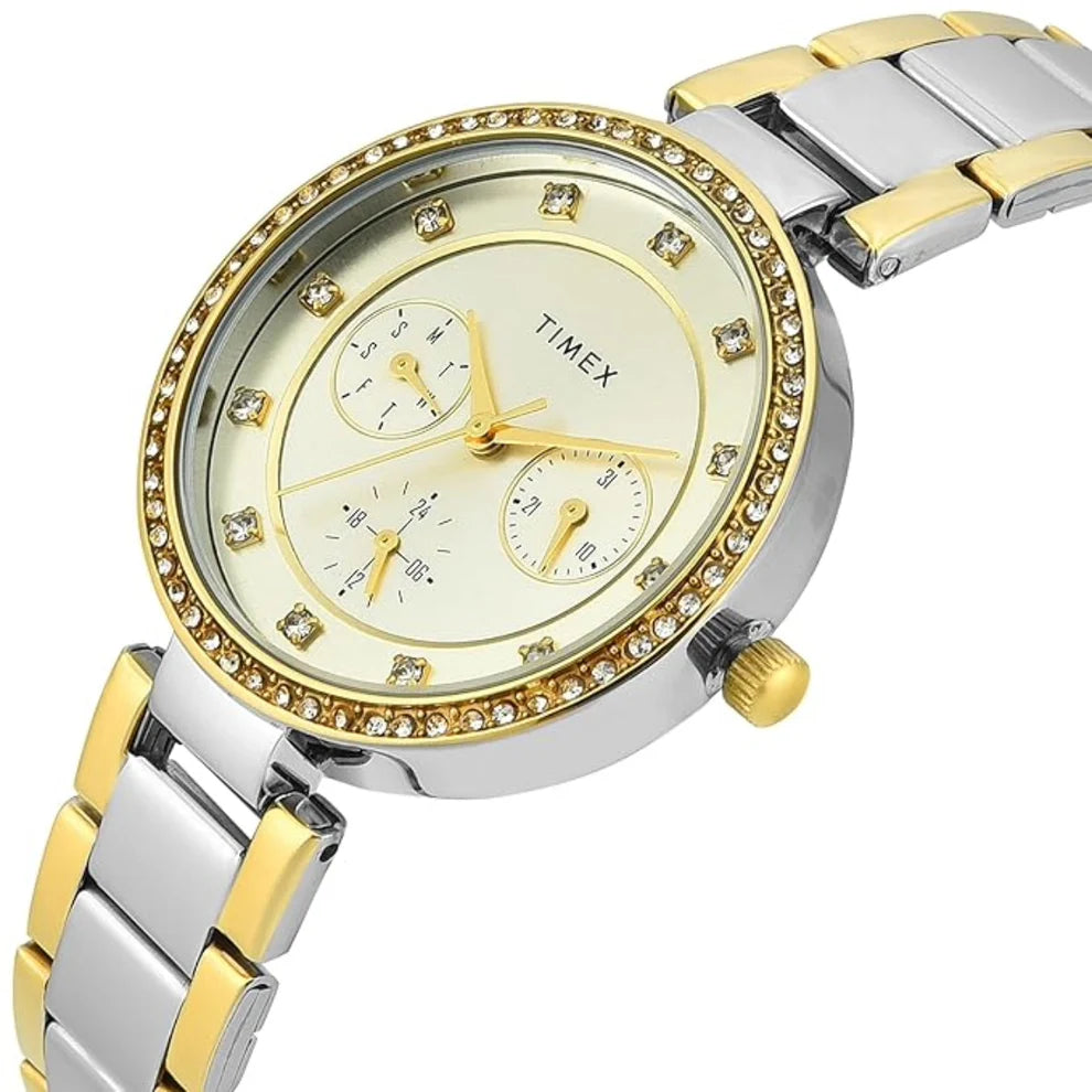 Timex TWEL18711 Women’s Champagne Dial Analog Watch with Stainless Steel Strap