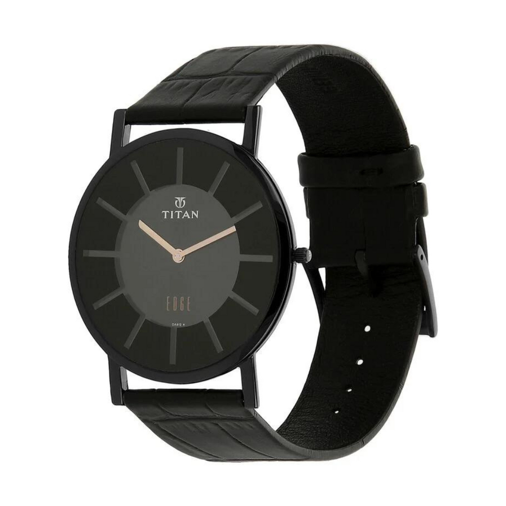 Titan 1595NL01 Men’s Black-Dial Slim Analog Watch with Black Leather Strap