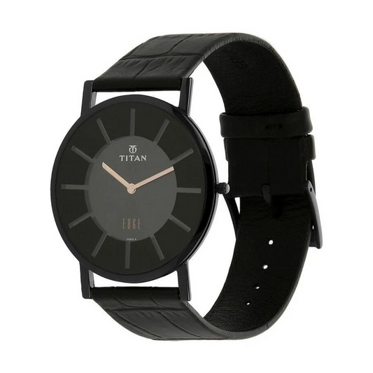 Titan 1595NL01 Men’s Black-Dial Slim Analog Watch with Black Leather Strap