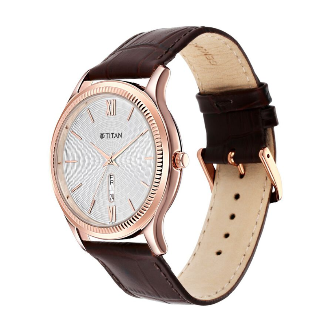Titan 1824WL02 White Dial Day & Date Men's Brown Leather Analog Watch