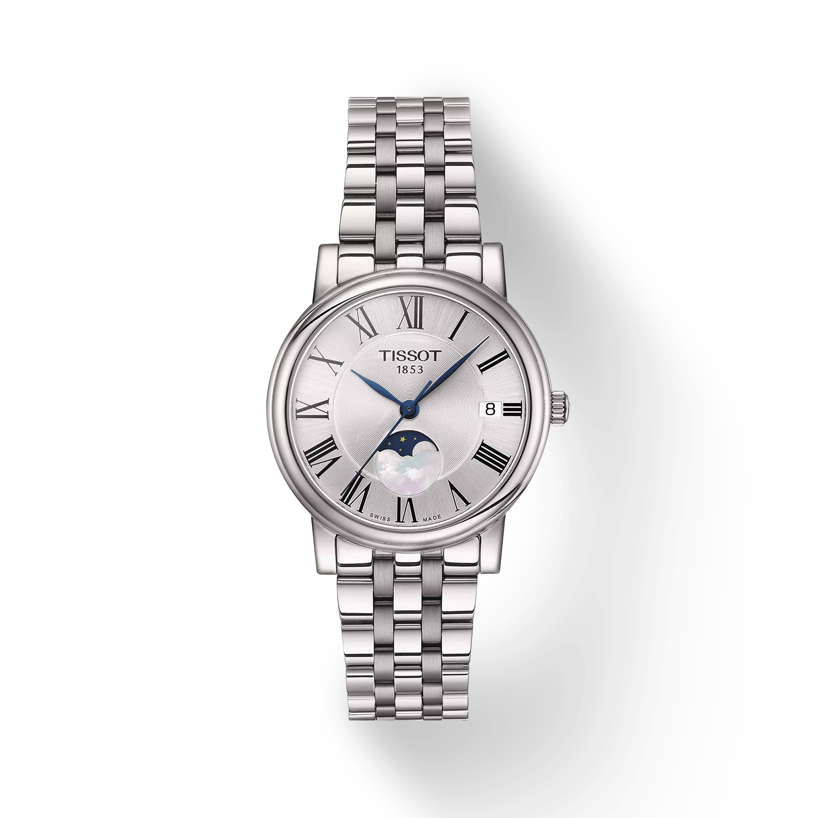 Tissot T1222231103300 Carson Premium Moonphase Silver Dial Stainless Steel Band Women Analog Quartz Watch 32 mm