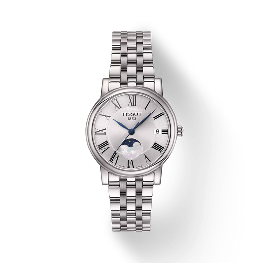 Tissot T1222231103300 Carson Premium Moonphase Silver Dial Stainless Steel Band Women Analog Quartz Watch 32 mm
