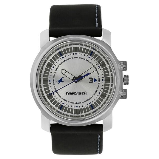 Fastrack 3039SL01 Analog Quartz Men Watch – Silver Dial, Black Leather Strap, 50 m Water Resistance