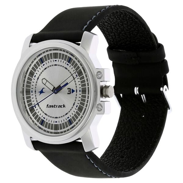 Fastrack 3039SL01 Analog Quartz Men Watch – Silver Dial, Black Leather Strap, 50 m Water Resistance