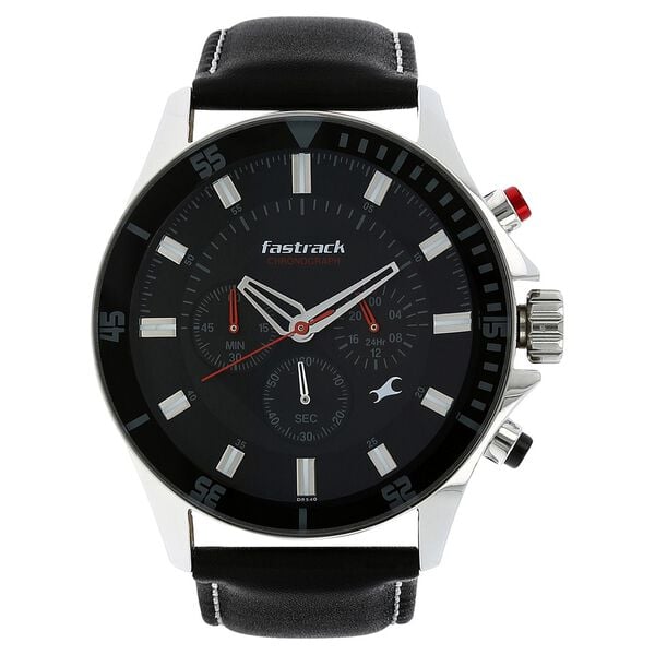 Fastrack 3072SL02 Men's Big Time Analog Watch Quartz Chronograph Black Dial Black Leather Strap Men’s Watch