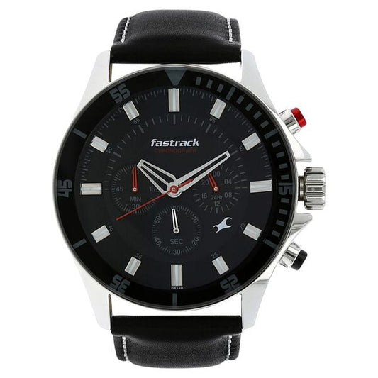 Fastrack 3072SL02 Men's Big Time Analog Watch Quartz Chronograph Black Dial Black Leather Strap Men’s Watch