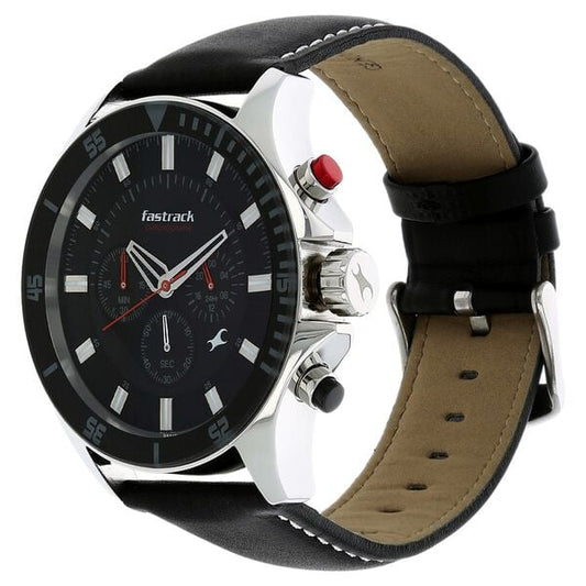 Fastrack 3072SL02 Men's Big Time Analog Watch Quartz Chronograph Black Dial Black Leather Strap Men’s Watch