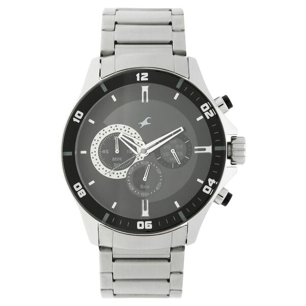 Fastrack 3072SM02 Analog Quartz Chronograph Men Watch – Black Dial, Silver Stainless Steel Strap, Big Time Collection