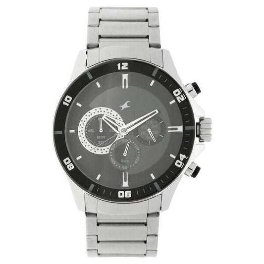 Fastrack 3072SM02 Analog Quartz Chronograph Men Watch – Black Dial, Silver Stainless Steel Strap, Big Time Collection