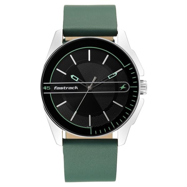 Fastrack 3089SL16 Analog Quartz Men Watch – Black Dial, Green Leather Strap, Casual Everyday Style