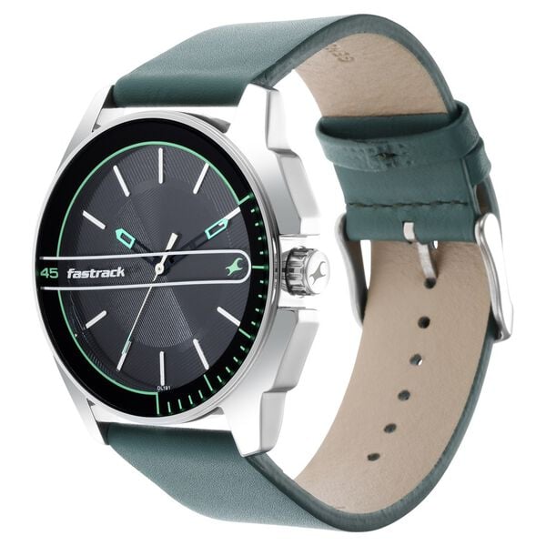 Fastrack 3089SL16 Analog Quartz Men Watch – Black Dial, Green Leather Strap, Casual Everyday Style
