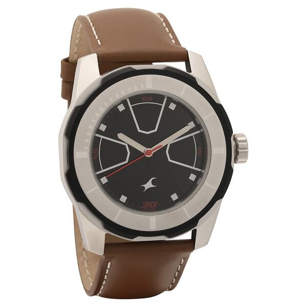 Fastrack 3099SL04 Quartz Analog Men’s Watch | Black Dial | Brown Leather Strap | Round Case | Mineral Glass | 50 m Water Resistant