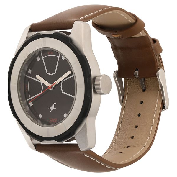 Fastrack 3099SL04 Quartz Analog Men’s Watch | Black Dial | Brown Leather Strap | Round Case | Mineral Glass | 50 m Water Resistant