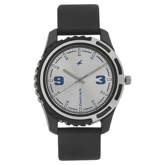 Fastrack 3114PP02 Bare Basics Quartz Analog Silver Dial Black Plastic Strap Men’s Watch