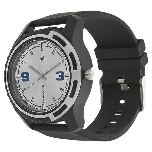 Fastrack 3114PP02 Bare Basics Quartz Analog Silver Dial Black Plastic Strap Men’s Watch