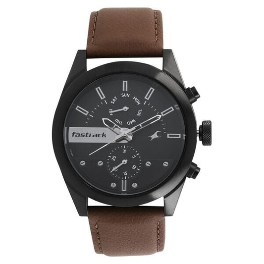 Fastrack 3165NL01 All Nighters Quartz Multifunction Men’s Watch with Black Dial & Brown Leather Strap