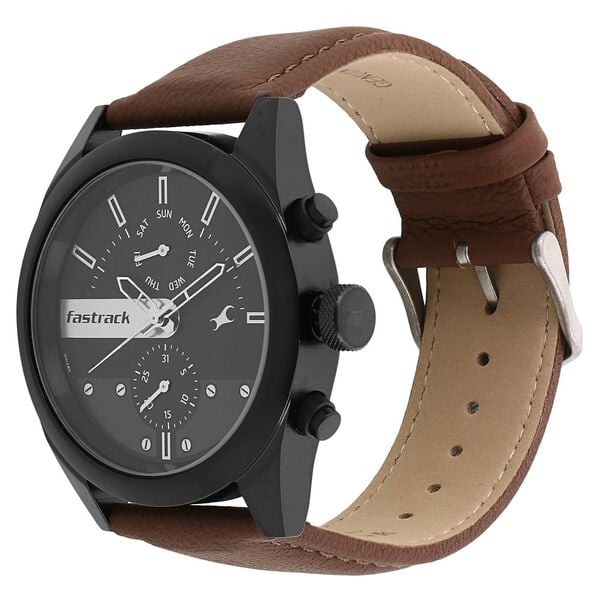 Fastrack 3165NL01 All Nighters Quartz Multifunction Black Dial Brown Leather Strap Men’s Watch