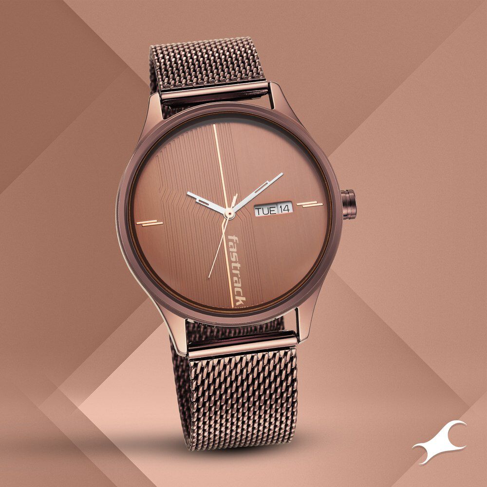 Fastrack 3247QM02 Men Quartz Analog Brown Dial Stainless Steel Mesh Strap Watch