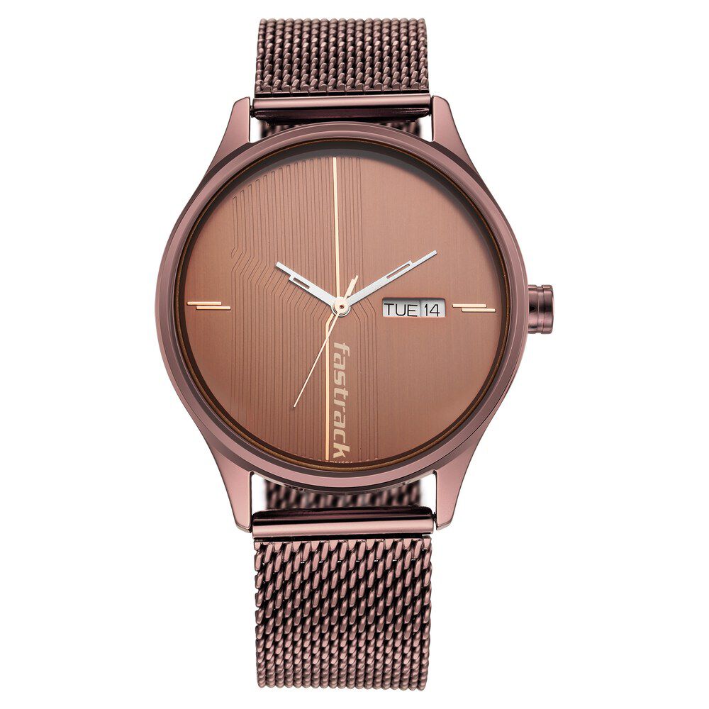 Fastrack 3247QM02 Men Quartz Analog Brown Dial Stainless Steel Mesh Strap Watch