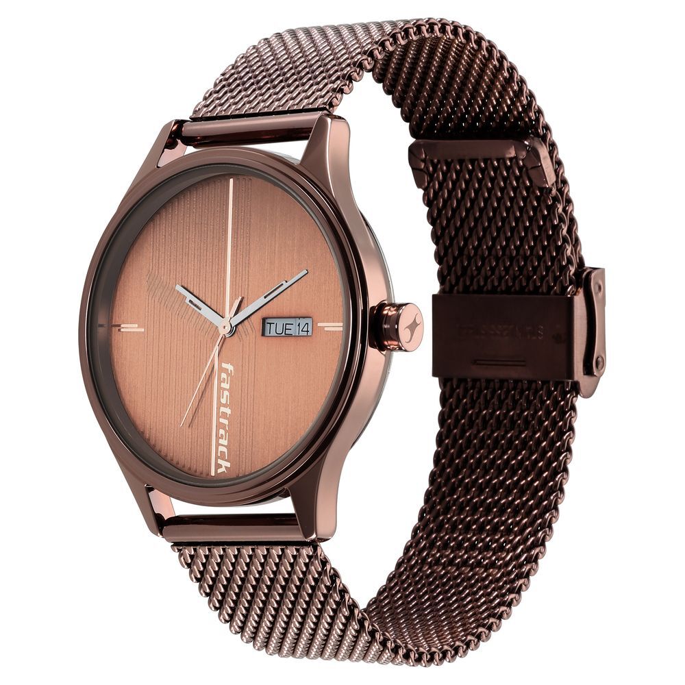Fastrack 3247QM02 Men Quartz Analog Brown Dial Stainless Steel Mesh Strap Watch