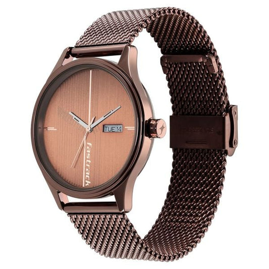 Fastrack 3247QM02 Analog Quartz Men Watch – Brown Dial, Brown Stainless Steel Strap, Style Up Day & Date Design