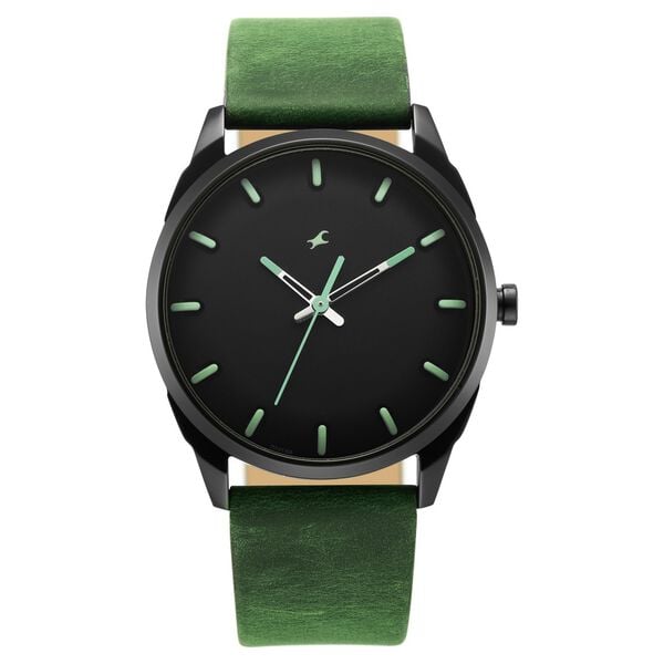 Fastrack 3273NL01 Analog Quartz Men Watch – Black Dial, Green Leather Strap, Casual Everyday Style