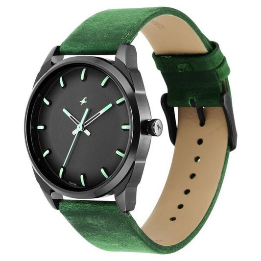 Fastrack 3273NL01 Analog Quartz Men Watch – Black Dial, Green Leather Strap, Casual Everyday Style