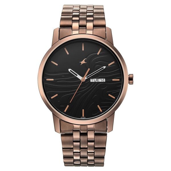 Fastrack 3295QM01 Analog Quartz Men Watch – Black Dial, Brown Stainless Steel Strap, Urban Camo Style