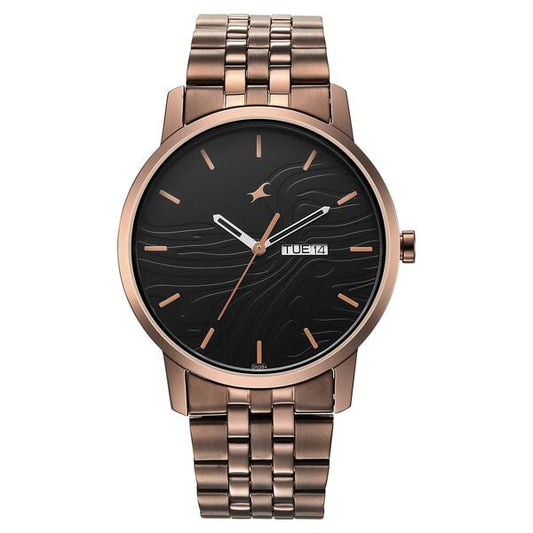 Fastrack 3295QM01 Analog Quartz Men Watch – Black Dial, Brown Stainless Steel Strap, Urban Camo Style
