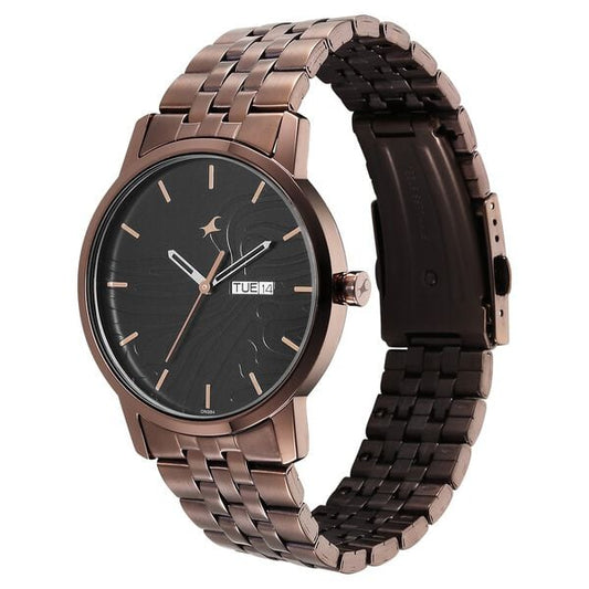 Fastrack 3295QM01 Analog Quartz Men Watch – Black Dial, Brown Stainless Steel Strap, Urban Camo Style