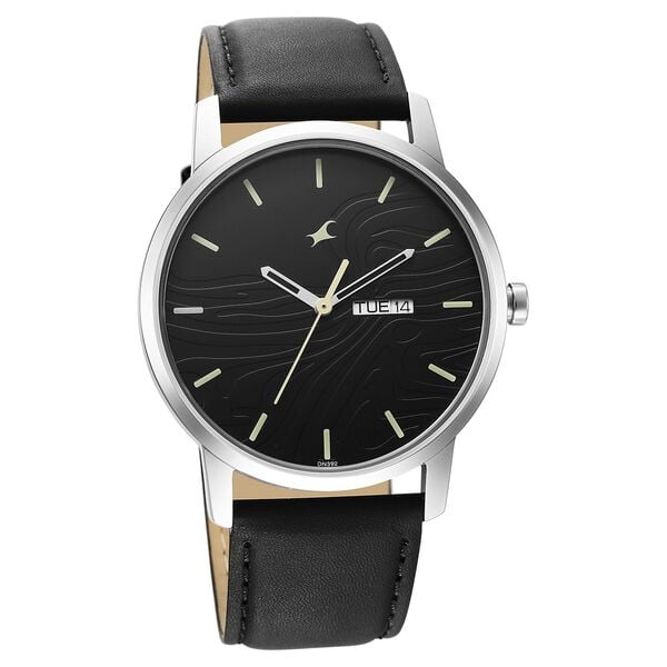 Fastrack 3295SL01 Analog Quartz Men Watch – Black Dial, Black Leather Strap, Day & Date Display, Urban Camo Style