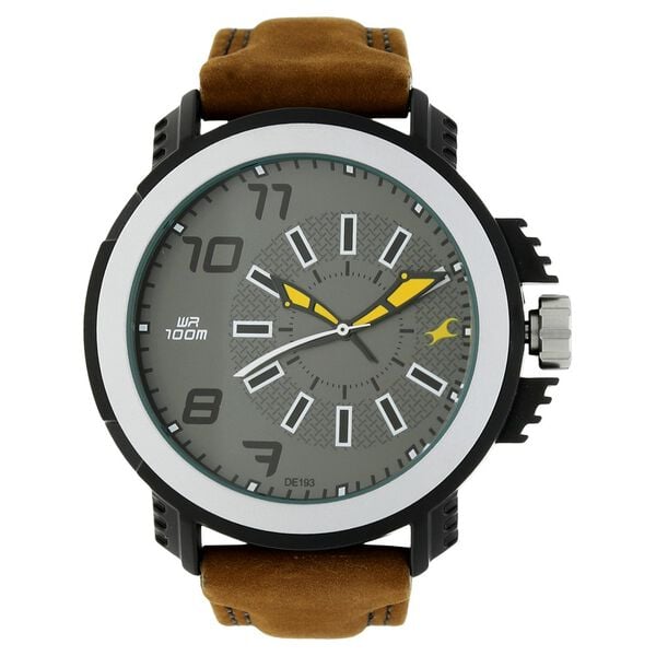 Fastrack 38015PL03 Analog Quartz Men’s Watch | Grey Dial | Brown Leather Strap | Round Case | 50 m Water Resistant