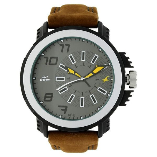 Fastrack 38015PL03 Analog Quartz Men’s Watch | Grey Dial | Brown Leather Strap | Round Case | 50 m Water Resistant