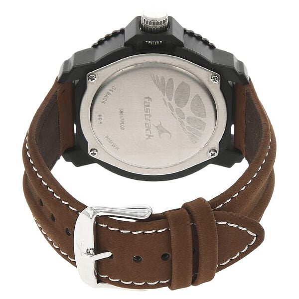 Fastrack 38017PL02 Men’s Analog Silver Dial Leather‑Strap Watch