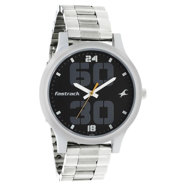 Fastrack 38051SM07 Analog Quartz Men Watch – Black Dial, Silver Stainless Steel Strap, Bold Everyday Style