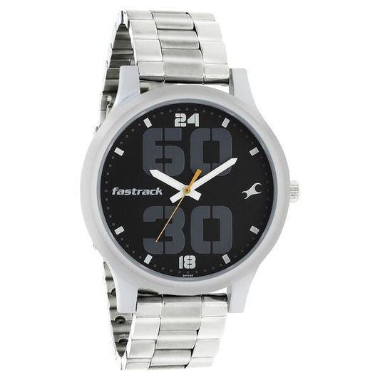 Fastrack 38051SM07 Analog Quartz Men Watch – Black Dial, Silver Stainless Steel Strap, Bold Everyday Style
