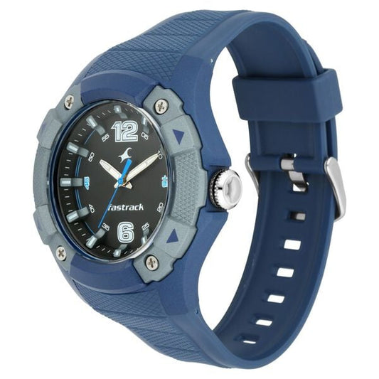 Fastrack 38057PP01 Analog Quartz Men Watch – Black Dial, Blue Silicone Strap, Trendies Casual Style
