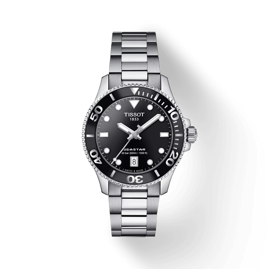 Tissot T1202101105100 Women Analog Quartz Dive Watch with Black Dial & Stainless Steel Bracelet