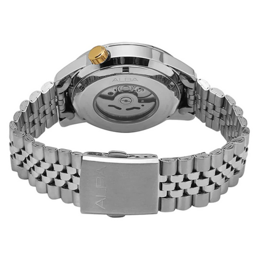 Back view of Alba AL4185X1 with transparent screw case back showing movement