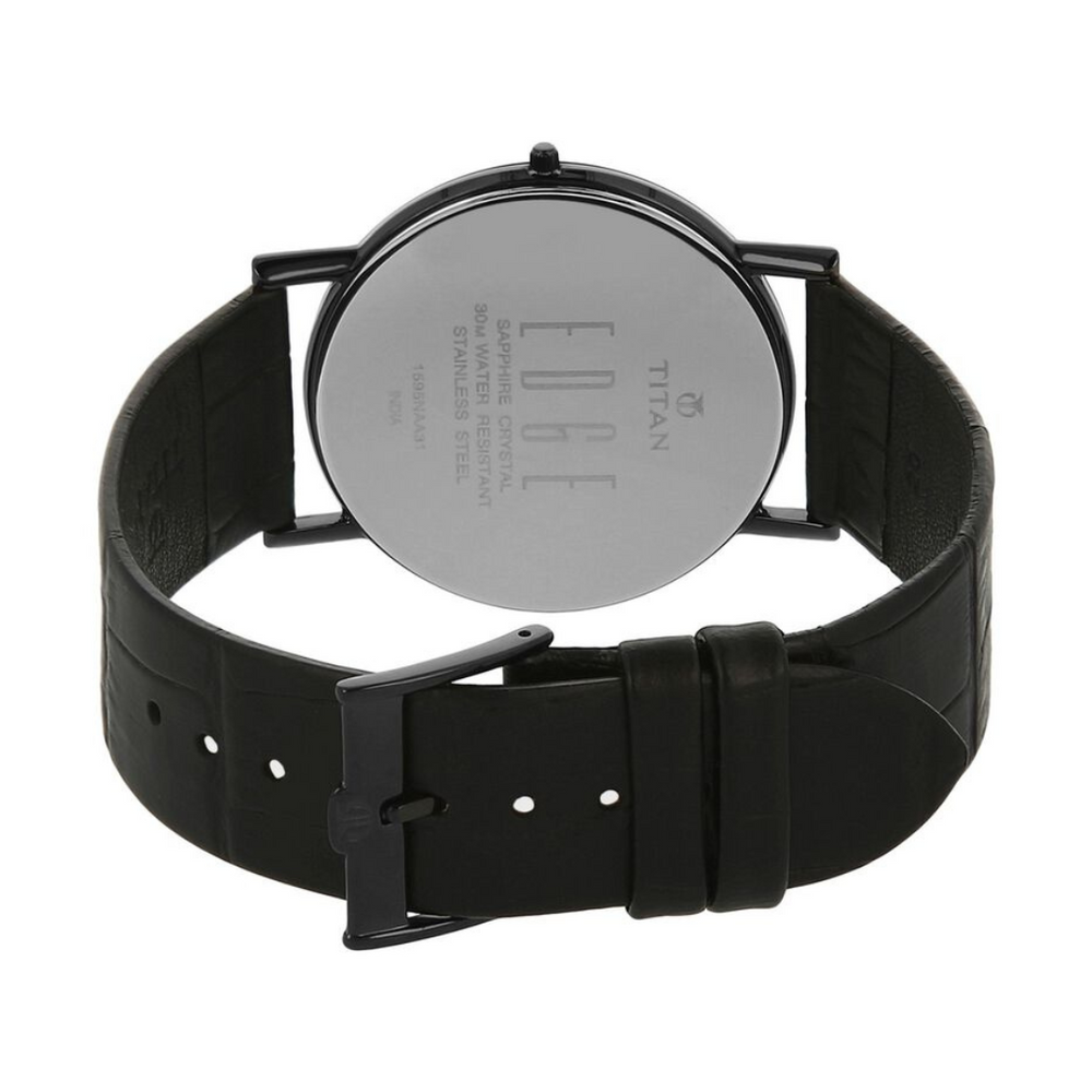 Titan 1595NL01 Men’s Black-Dial Slim Analog Watch with Black Leather Strap