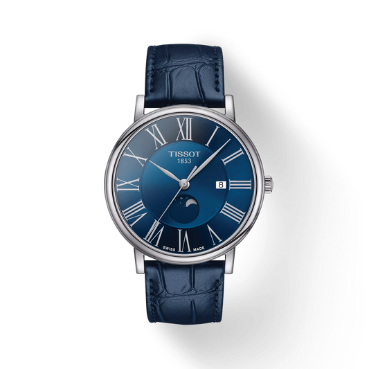 Tissot T1224231604300 Carson Premium Moonphase Blue Dial Blue Leather Strap Men Analog Quartz Watch 40 mm