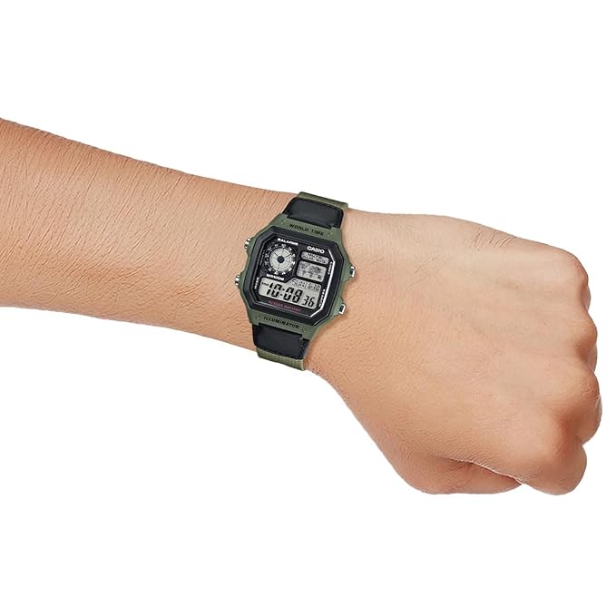 Casio D101 World Time Digital Green Fabric Strap Unisex Watch