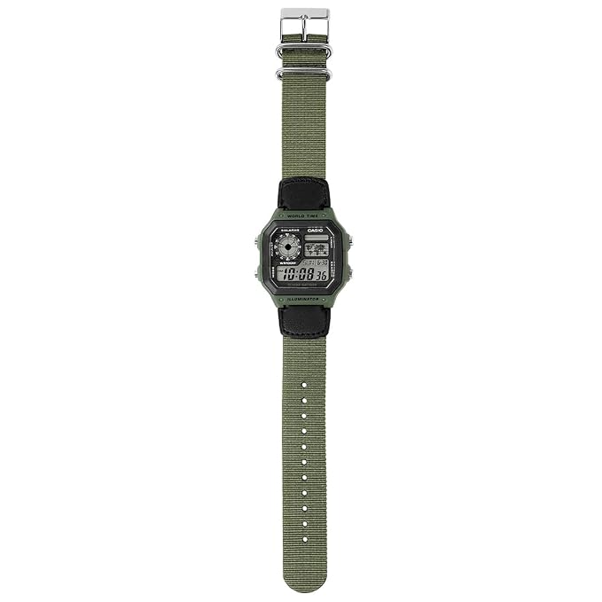 Casio D101 World Time Digital Green Fabric Strap Unisex Watch