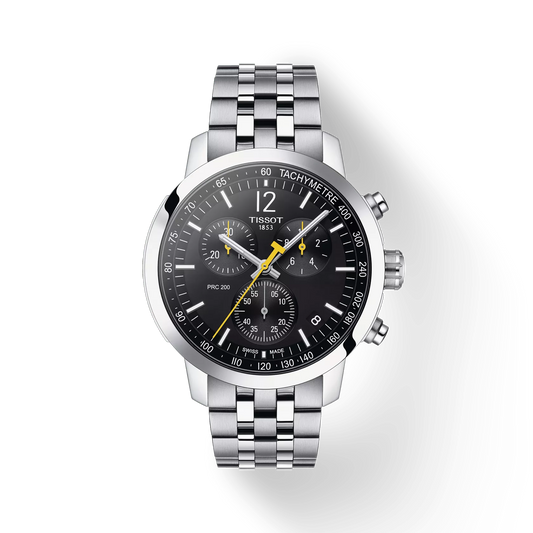 Tissot T1144171105700 Black Dial 43 mm Men’s Swiss Quartz PRC 200 Chronograph Watch – Stainless Steel Case & Bracelet, Sapphire Crystal