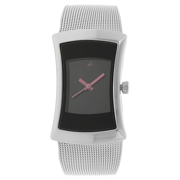Fastrack 6093SM01 Analog Quartz Women Watch – Black Dial, Silver Stainless Steel Metal Strap, Minimal Casual Style