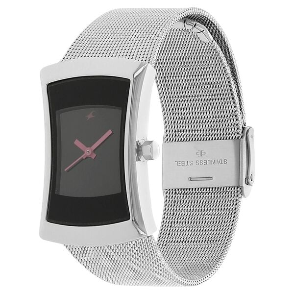 Fastrack 6093SM01 Analog Quartz Women Watch – Black Dial, Silver Stainless Steel Metal Strap, Minimal Casual Style