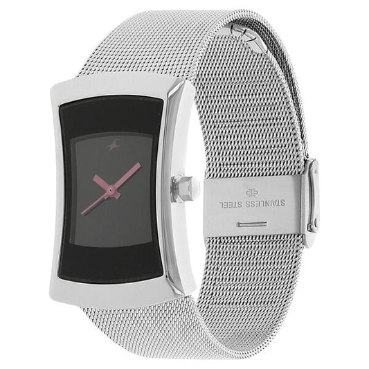 Fastrack 6093SM01 Analog Quartz Women Watch – Black Dial, Silver Stainless Steel Metal Strap, Minimal Casual Style