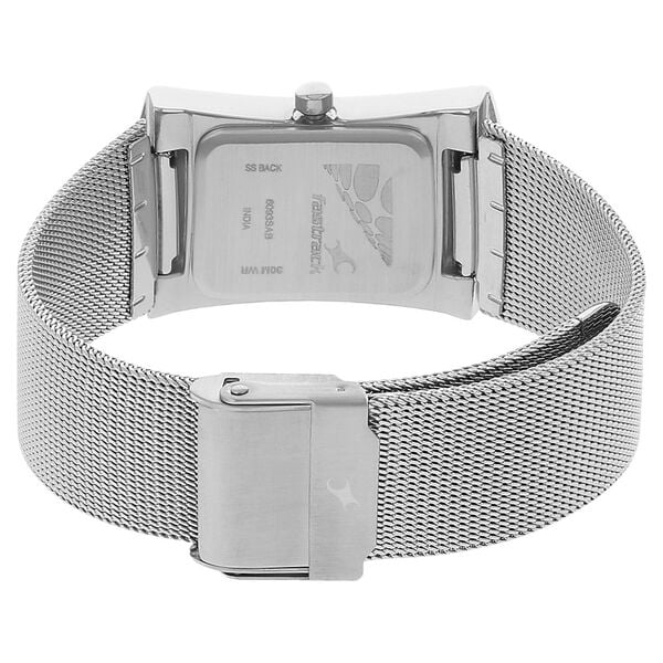 Fastrack 6093SM01 Analog Quartz Women Watch – Black Dial, Silver Stainless Steel Metal Strap, Minimal Casual Style